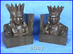 PA Native American Indian Wood Carving Sculptures Bookends Vintage