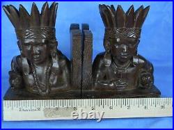 PA Native American Indian Wood Carving Sculptures Bookends Vintage