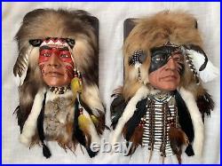 Pair of Large Handmade Native American Warrior Face Wall Plaques 18 X 11