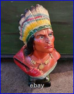 RARE Antique Chalkware Native American Indian Chef Tobacco Store Large Bust