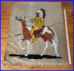 RARE Old Vtg American Indian Chief Horse Tapestry Wall Hanging Velvet Painting