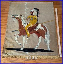 RARE Old Vtg American Indian Chief Horse Tapestry Wall Hanging Velvet Painting