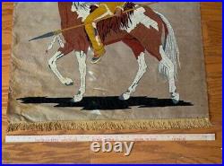 RARE Old Vtg American Indian Chief Horse Tapestry Wall Hanging Velvet Painting