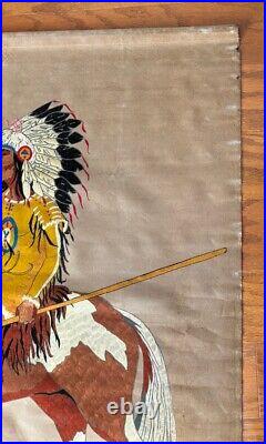 RARE Old Vtg American Indian Chief Horse Tapestry Wall Hanging Velvet Painting