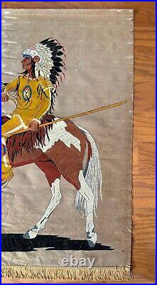 RARE Old Vtg American Indian Chief Horse Tapestry Wall Hanging Velvet Painting