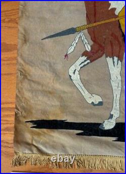 RARE Old Vtg American Indian Chief Horse Tapestry Wall Hanging Velvet Painting