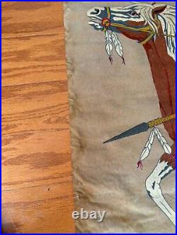 RARE Old Vtg American Indian Chief Horse Tapestry Wall Hanging Velvet Painting