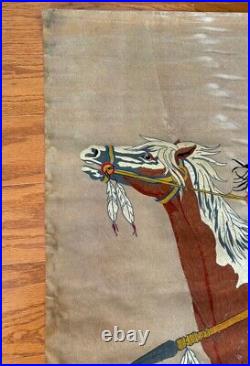 RARE Old Vtg American Indian Chief Horse Tapestry Wall Hanging Velvet Painting