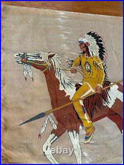 RARE Old Vtg American Indian Chief Horse Tapestry Wall Hanging Velvet Painting