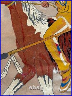 RARE Old Vtg American Indian Chief Horse Tapestry Wall Hanging Velvet Painting