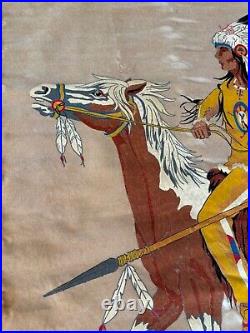 RARE Old Vtg American Indian Chief Horse Tapestry Wall Hanging Velvet Painting