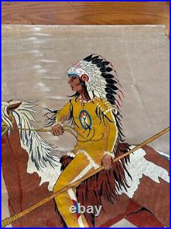 RARE Old Vtg American Indian Chief Horse Tapestry Wall Hanging Velvet Painting