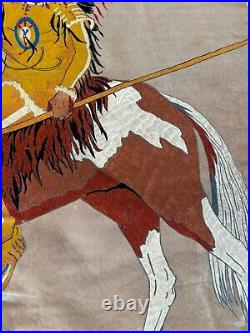 RARE Old Vtg American Indian Chief Horse Tapestry Wall Hanging Velvet Painting