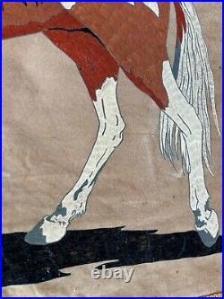 RARE Old Vtg American Indian Chief Horse Tapestry Wall Hanging Velvet Painting