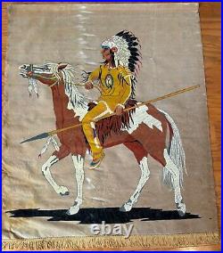 RARE Old Vtg American Indian Chief Horse Tapestry Wall Hanging Velvet Painting