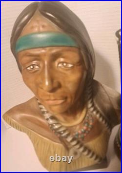 RARE/SET Vintage American Indian Chief/Native American GirlBust StatuesSmallDrum