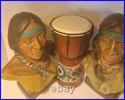 RARE/SET Vintage American Indian Chief/Native American GirlBust StatuesSmallDrum