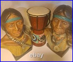 RARE/SET Vintage American Indian Chief/Native American GirlBust StatuesSmallDrum