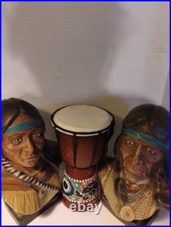 RARE/SET Vintage American Indian Chief/Native American GirlBust StatuesSmallDrum
