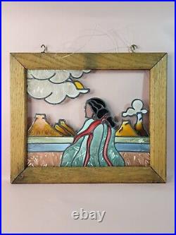 RARE VINTAGE NATIVE AMERICAN INDIGENOUS STAINED GLASS WOOD FRAME Not signed
