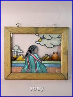 RARE VINTAGE NATIVE AMERICAN INDIGENOUS STAINED GLASS WOOD FRAME Not signed