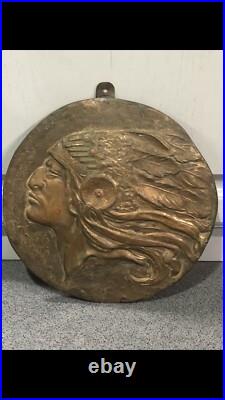 Rare 9 Bronze Indian Chief Head Plaque signed Bern Vintage