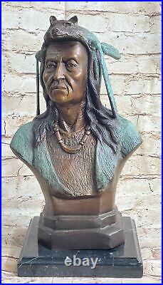 Rare Indian Native American Art Chief Wolf Bust Bronze Marble Statue Sculpture