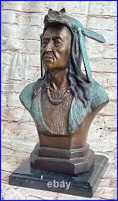 Rare Indian Native American Art Chief Wolf Bust Bronze Marble Statue Sculpture