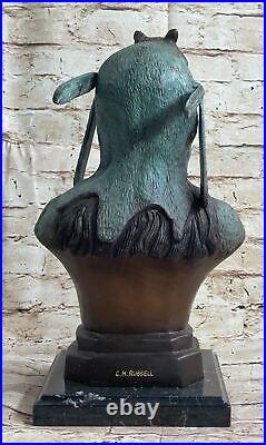 Rare Indian Native American Art Chief Wolf Bust Bronze Marble Statue Sculpture