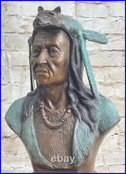 Rare Indian Native American Art Chief Wolf Bust Bronze Marble Statue Sculpture