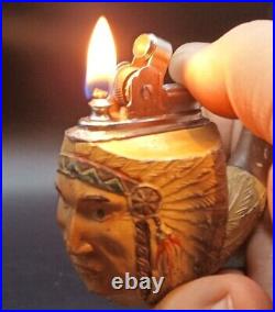 Rare Vintage Native American Indian Head Pipe Shaped Petrol Lighter Working Cond