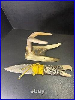 Reproduction Style Primitive Native American Knife Eagle Handle Antler Mount