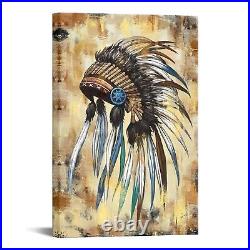 RnnJoile Native American Wall Art Decor Indian Chief Feather Headdress Canvas