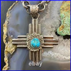 Robert Yellowhorse Native American Sterling Zia Pendant withTurquoise & Link Chain