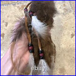 SIGNED American Indian ceremonial Bone, Real Fur, Feathers, Beads, Suede