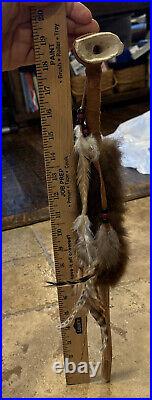 SIGNED American Indian ceremonial Bone, Real Fur, Feathers, Beads, Suede