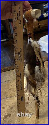 SIGNED American Indian ceremonial Bone, Real Fur, Feathers, Beads, Suede