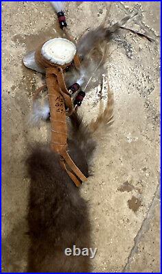 SIGNED American Indian ceremonial Bone, Real Fur, Feathers, Beads, Suede