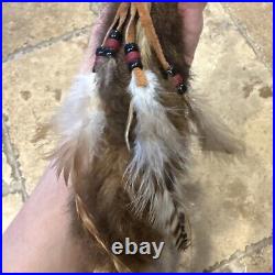 SIGNED American Indian ceremonial Bone, Real Fur, Feathers, Beads, Suede