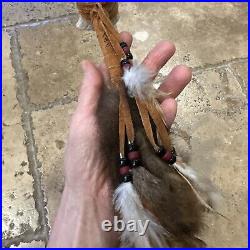 SIGNED American Indian ceremonial Bone, Real Fur, Feathers, Beads, Suede