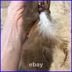 SIGNED American Indian ceremonial Bone, Real Fur, Feathers, Beads, Suede