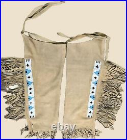 SIOUX Suede Leather Cowboy Native American Indian Beaded Hide Leggings