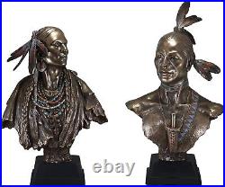 Set Of 2 Native American Indian Chief And Princess With Eagle Feathers Statues