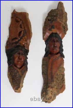 Set of 2 Andrew Elmer Native American Indian Wood Design Carvings Tree Wall Art