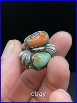 Signed DKL VTG Navajo Native American Sterling Silver. 925 Coral Turquoise Ring