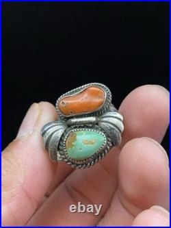 Signed DKL VTG Navajo Native American Sterling Silver. 925 Coral Turquoise Ring