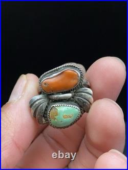 Signed DKL VTG Navajo Native American Sterling Silver. 925 Coral Turquoise Ring
