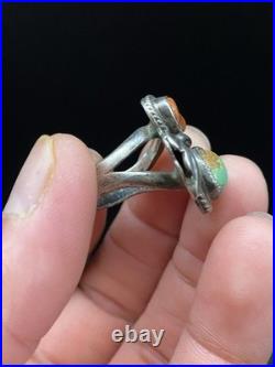 Signed DKL VTG Navajo Native American Sterling Silver. 925 Coral Turquoise Ring