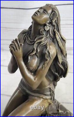 Signed Native American Indian Girl Bronze Sculpture Figure Figurine Nude Decor
