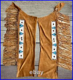 Sioux Style Suede Leather Cowboy Native American Indian Beads Hide Leggings L701
